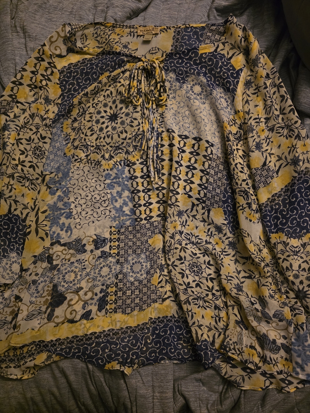 ONE WORLD Yellow & Navy Patchwork Tie-Front Boho Blouse